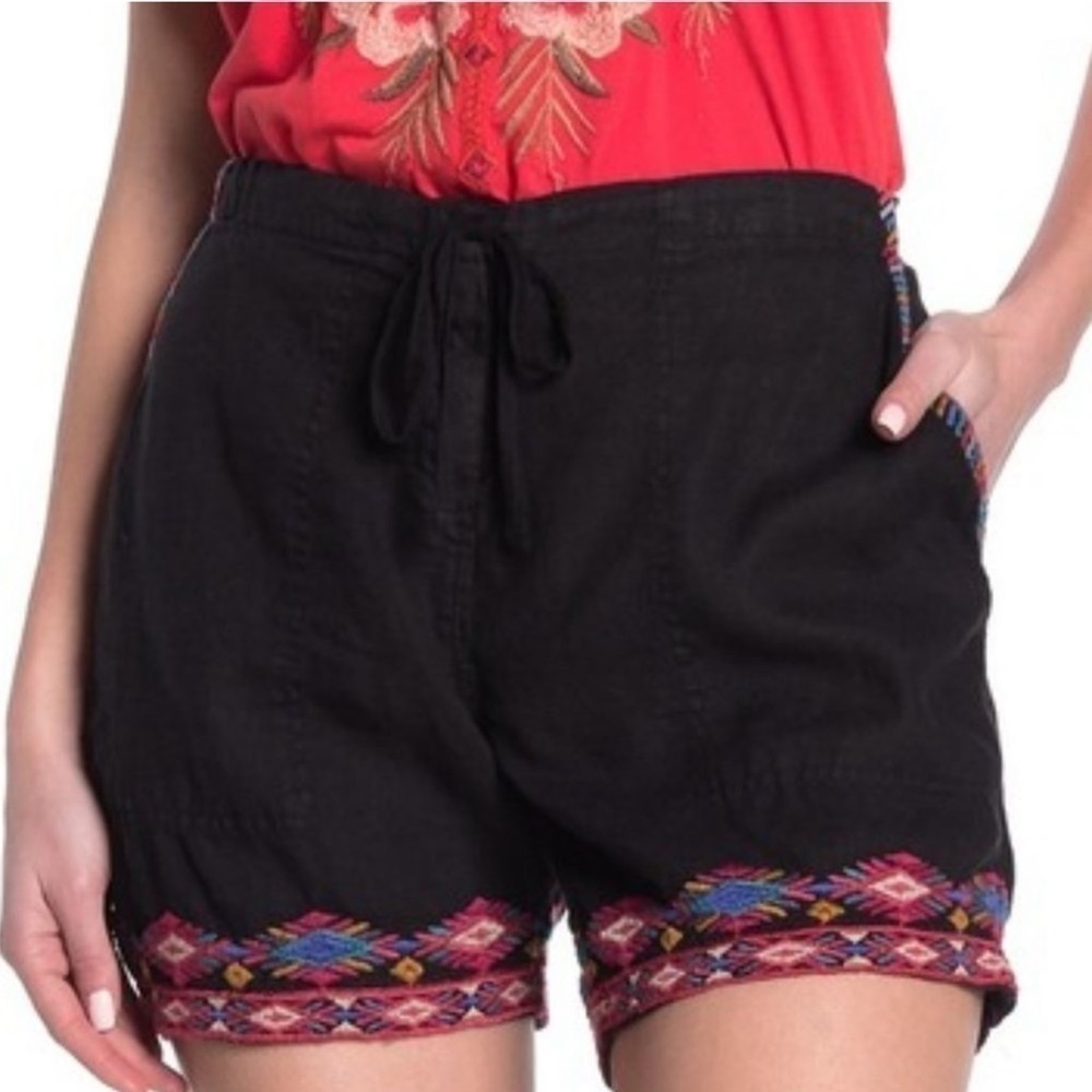 JW Los Angeles Johnny Was Etienne Black Embroidered Linen Shorts Womens Size XS